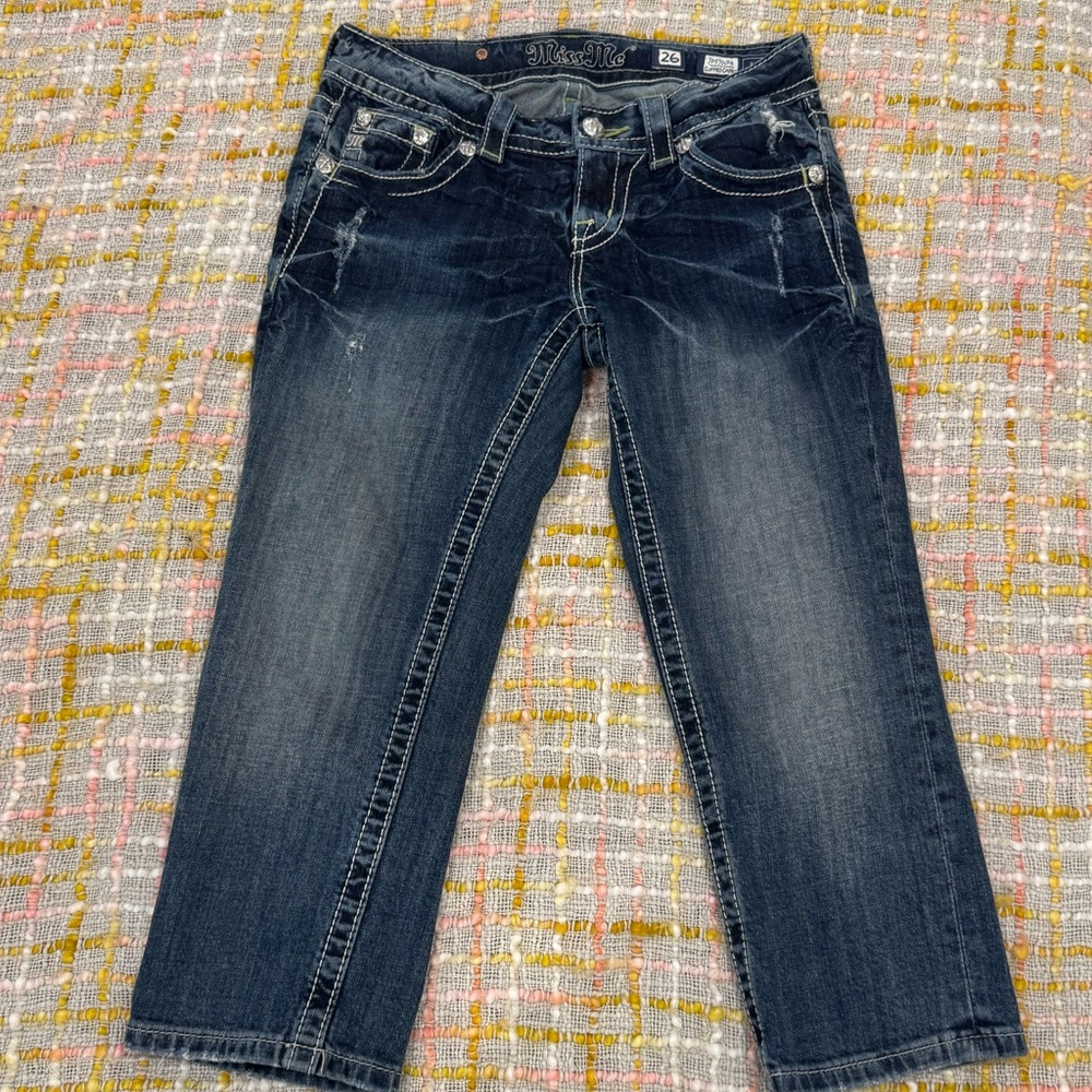 Miss Me Blue Capris with Embellished Pockets